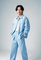 Stylish Young Korean Man in Trendy Blue Outfit. Pose confidently against a neutral background photo