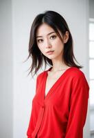 Young japanese woman with long hair wearing red blouse. Studio portrait photography. Beauty and fashion concept for skincare and make-up advertisement. photo
