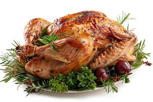 Roast Chicken with Herbs on Plate. photo