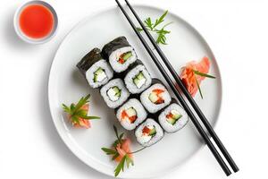 Assorted Sushi Platter with Chopsticks. photo