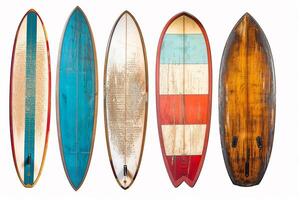 Four Vintage Surfboards on White Background. photo