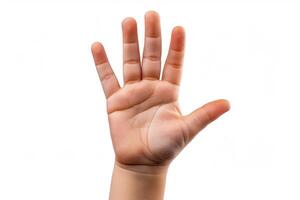 Child's Hand Raised Against White Background. photo