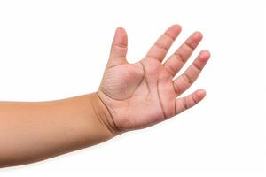 Child's Hand Raised Against White Background. photo