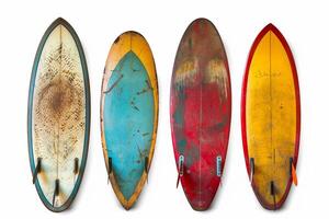 Four Vintage Surfboards on White Background. photo