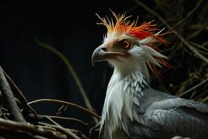 Secretary Eagle bird on the rooted in studio isolated on black background photo