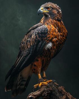 Serpent Eagle bird on the rooted in studio isolated on black background photo