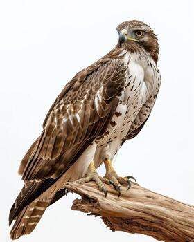 Black chested Snake Eagle Bird standing on the rooted in studio, isolated on white background photo