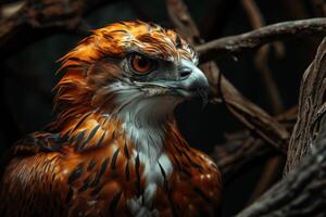 Short-toed Snake Eagle bird on the rooted in studio isolated on black background photo