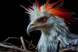 Secretary Eagle bird on the rooted in studio isolated on black background photo