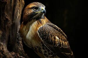 Red tailed Hawk Eagle bird on the rooted in studio isolated on black background photo