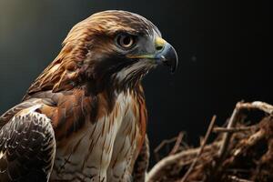Red tailed Hawk Eagle bird on the rooted in studio isolated on black background photo