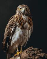 Short-toed Snake Eagle bird on the rooted in studio isolated on black background photo