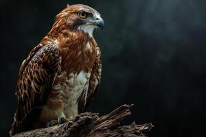 Short-toed Snake Eagle bird on the rooted in studio isolated on black background photo