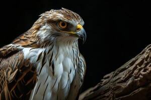 Short-toed Snake Eagle bird on the rooted in studio isolated on black background photo