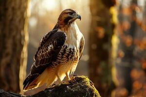 Red Tailed Hawk Eagle Bird standing on the twigs in the forest photo