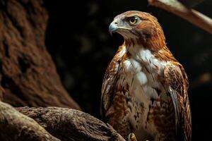Short-toed Snake Eagle bird standing on the rooted in studio isolated on black background photo