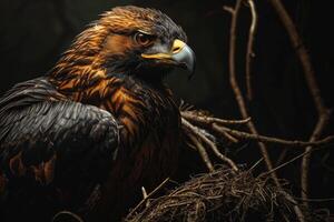 Serpent Eagle bird on the rooted in studio isolated on black background photo