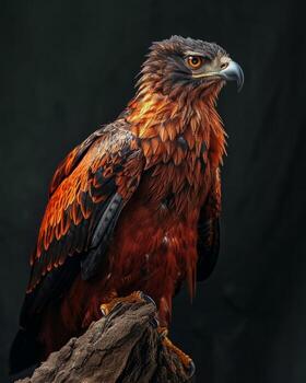 Serpent Eagle bird standing on the rooted in studio isolated on black background photo