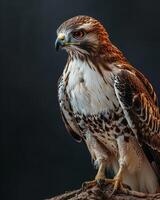 Red tailed Hawk Eagle bird on the rooted in studio isolated on black background photo