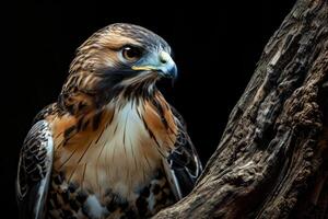 Red tailed Hawk Eagle bird on the rooted in studio isolated on black background photo