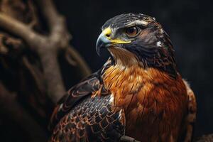 Serpent Eagle bird standing on the rooted in studio isolated on black background photo