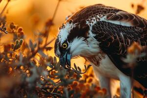 Osprey Eagle Bird eating on the rooted in the forest photo