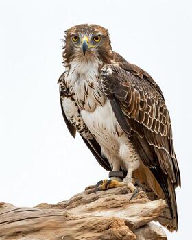 Bonellis Eagle bird standing on the rooted in studio isolated on white background photo