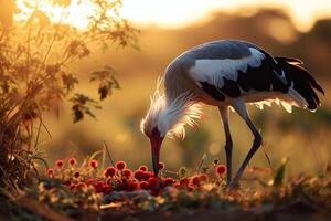 Secretary Bird Eagle on the rooted in the forest photo