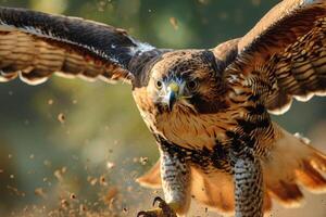 Red Tailed Hawk flying in the forest photo