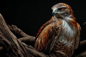 Short-toed Snake Eagle bird on the rooted in studio isolated on black background photo