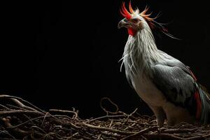 Secretary Eagle bird on the rooted in studio isolated on black background photo