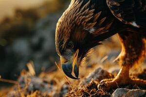 Black Eagle eating on the rooted in the forest photo