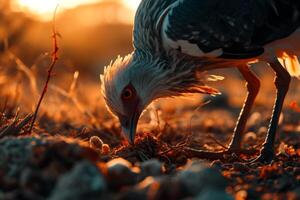 Secretary Bird Eagle on the rooted in the forest photo