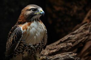 Red tailed Hawk Eagle bird on the rooted in studio isolated on black background photo