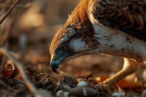 Short-toed snake Eagle bird eating on the rooted in the forest photo