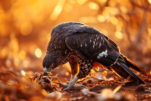 Black-chested Snake Eagle Bird eating on the rooted in the forest photo