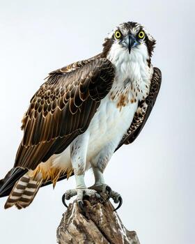 Osprey Eagle bird standing on the rooted in studio isolated on white background photo