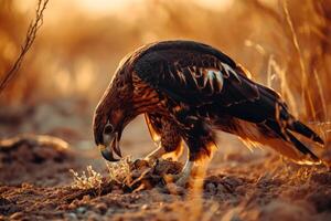 Black-chested Snake Eagle Bird eating on the rooted in the forest photo