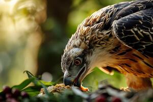 Crested Hawk Eagle bird eating on the rooted in the forest photo
