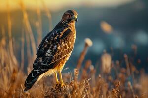 Nothern Harrier Eagle Bird standing on the twigs in the forest photo