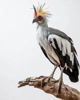 Secretary Eagle bird standing on the rooted in studio isolated on white background photo