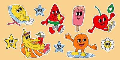Retro Character Summer Fruit Set. flat banana, lemon, watermelon, orange and cherry in Trendy Groovy Style. vector