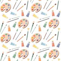 Seamless pattern, palette with paints, brushes and tubes with acrylic. Background with art supplies, accessories for creativity. Print vector