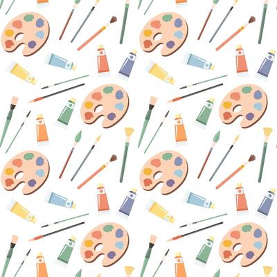 Seamless pattern, palette with paints, brushes and tubes with acrylic. Background with art supplies, accessories for creativity. Print