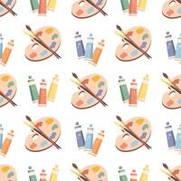 Seamless pattern, palette with paints, brushes and tubes with acrylic. Background with art supplies, accessories for creativity. Print vector
