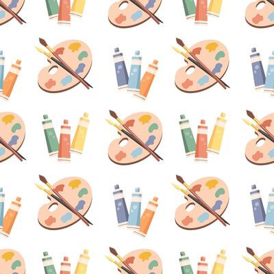 Seamless pattern, palette with paints, brushes and tubes with acrylic. Background with art supplies, accessories for creativity. Print