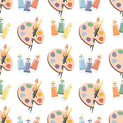 Seamless pattern, palette with paints, brushes and tubes with acrylic. Background with art supplies, accessories for creativity. Print