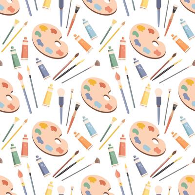 Seamless pattern, palette with paints, brushes and tubes with acrylic. Background with art supplies, accessories for creativity. Print