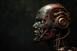 An isolated futuristic robot head showcases intricate mechanical features, highlighted by soft lighting against a dark backdrop, evoking a sense of advanced technology and artistry. photo