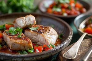 Savory pieces of fish are plated elegantly with vibrant tomatoes and parsley, creating a delightful culinary experience. photo